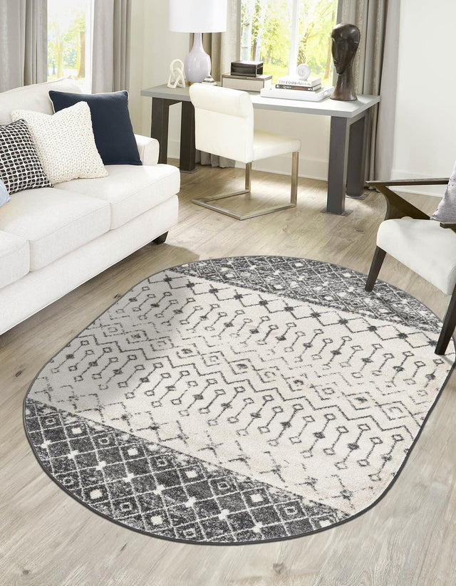 Ivory and Gray 7' 10 x 10' Tribal Trellis Oval Area Rug Geometric Southwestern Inspired Durable Carpet for Home Interior Design for Sale at Rug Engine