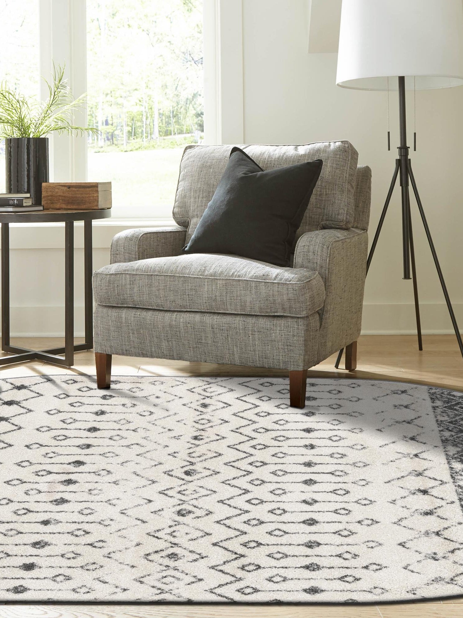 Ivory and Gray 7' 10 x 10' Tribal Trellis Oval Area Rug Geometric Southwestern Inspired Durable Carpet for Home Interior Design for Sale at Rug Engine
