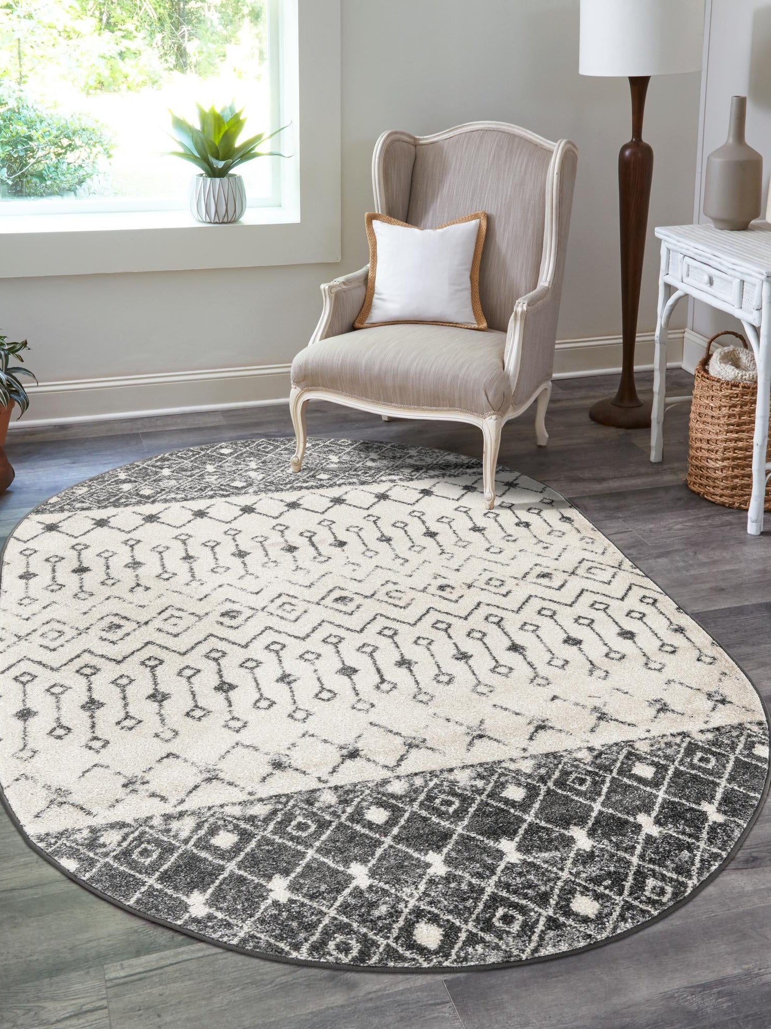 Ivory and Gray 7' 10 x 10' Tribal Trellis Oval Area Rug Geometric Southwestern Inspired Durable Carpet for Home Interior Design for Sale at Rug Engine