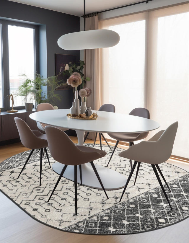 Ivory and Gray 5' 3 x 8' Tribal Trellis Oval Area Rug Geometric Southwestern Inspired Durable Carpet for Home Interior Design for Sale at Rug Engine