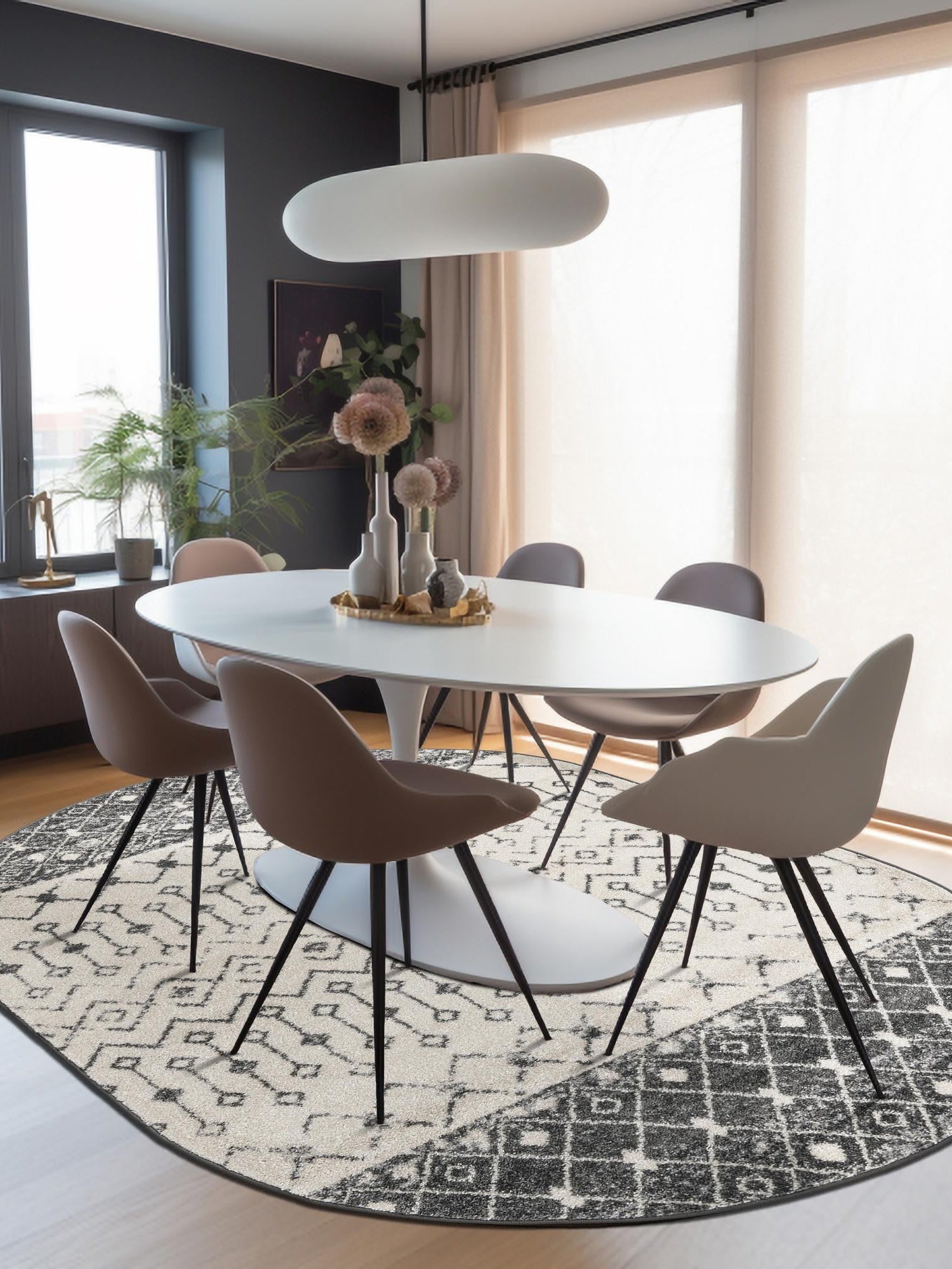 Ivory and Gray 7' 10 x 10' Tribal Trellis Oval Area Rug Geometric Southwestern Inspired Durable Carpet for Home Interior Design for Sale at Rug Engine