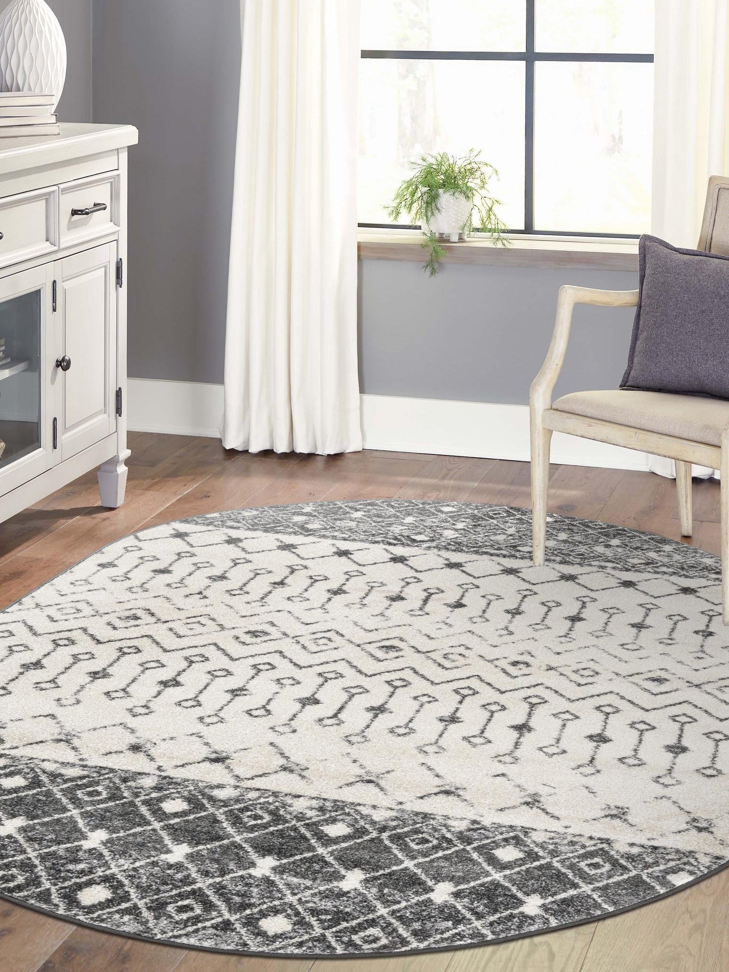 Ivory and Gray 7' 10 x 10' Tribal Trellis Oval Area Rug Geometric Southwestern Inspired Durable Carpet for Home Interior Design for Sale at Rug Engine
