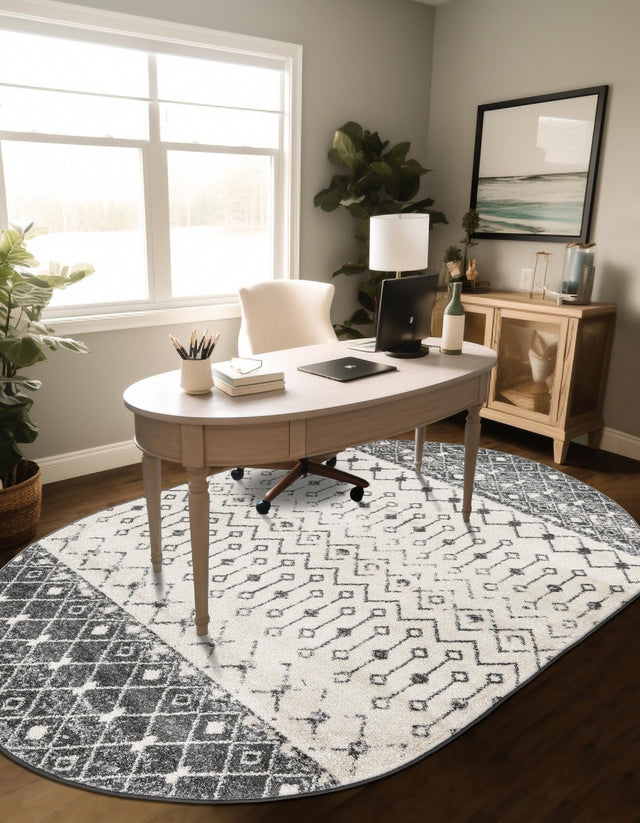 Ivory and Gray 7' 10 x 10' Tribal Trellis Oval Area Rug Geometric Southwestern Inspired Durable Carpet for Home Interior Design for Sale at Rug Engine