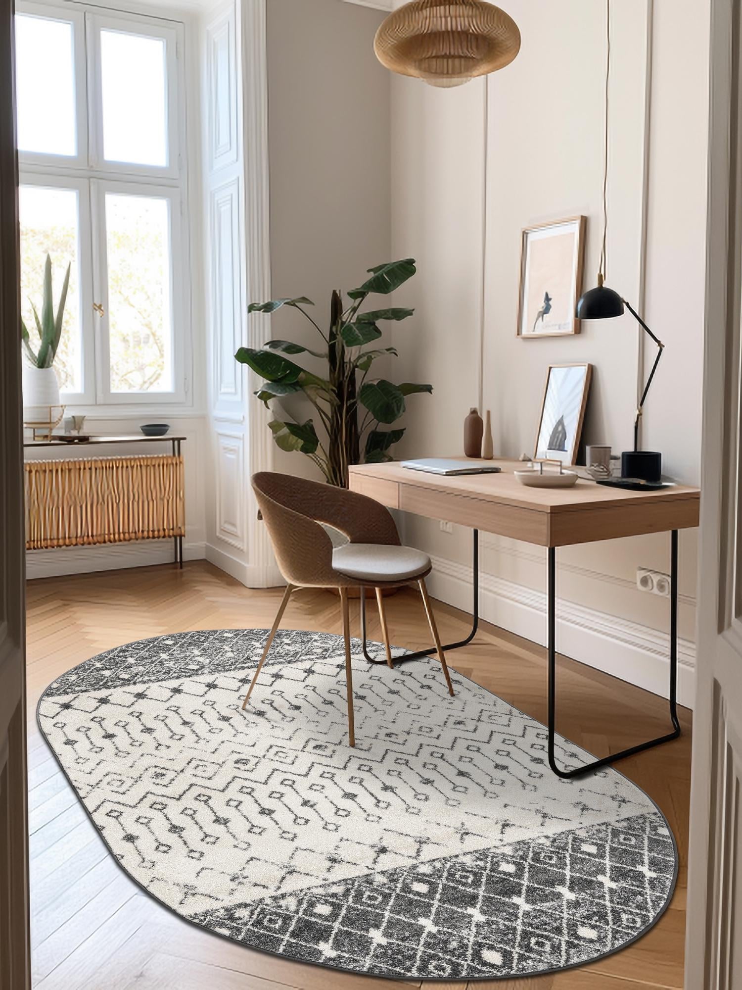 Ivory and Gray 4' 1 x 6' 1 Tribal Trellis Oval Area Rug Geometric Southwestern Inspired Durable Carpet for Home Interior Design for Sale at Rug Engine