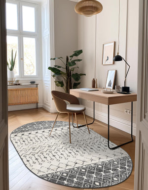 Ivory and Gray 4' 1 x 6' 1 Tribal Trellis Oval Area Rug Geometric Southwestern Inspired Durable Carpet for Home Interior Design for Sale at Rug Engine