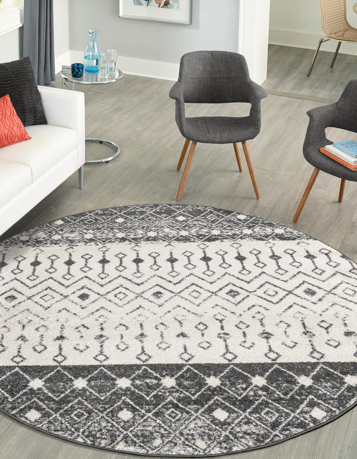 Ivory and Gray 10' x 10' Tribal Trellis Round Area Rug Geometric Southwestern Inspired Durable Carpet for Home Interior Design for Sale at Rug Engine
