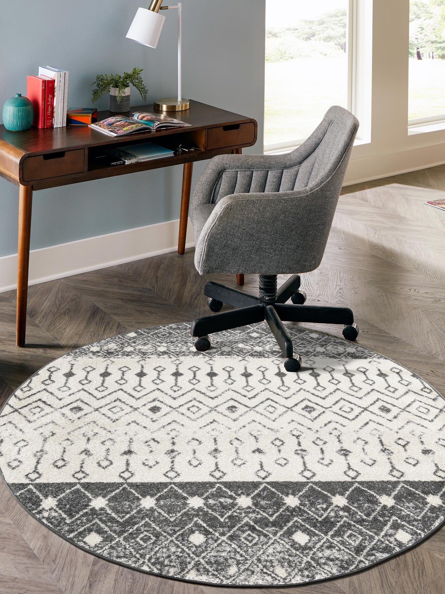 Ivory and Gray 3' 1 x 3' 1 Tribal Trellis Round Area Rug Geometric Southwestern Inspired Durable Carpet for Home Interior Design for Sale at Rug Engine
