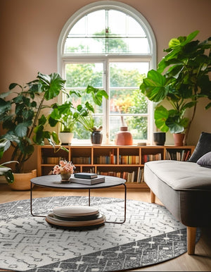 Ivory and Gray 10' x 10' Tribal Trellis Round Area Rug Geometric Southwestern Inspired Durable Carpet for Home Interior Design for Sale at Rug Engine