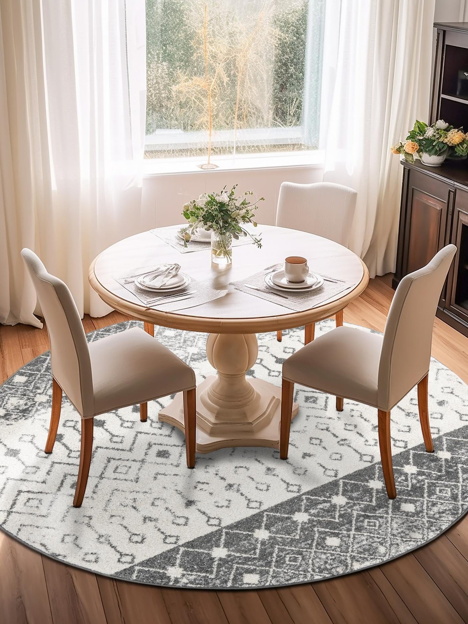 Ivory and Gray 3' 1 x 3' 1 Tribal Trellis Round Area Rug Geometric Southwestern Inspired Durable Carpet for Home Interior Design for Sale at Rug Engine