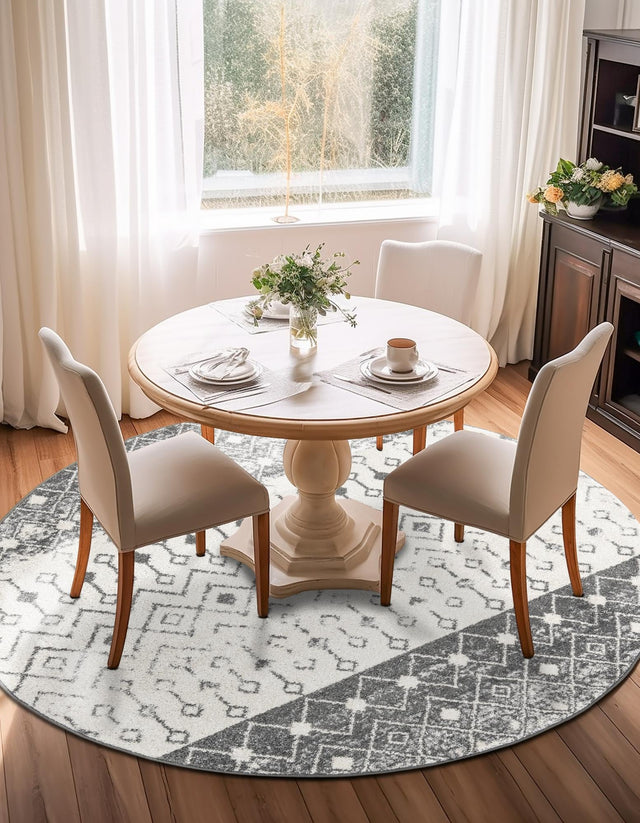 Ivory and Gray 3' 1 x 3' 1 Tribal Trellis Round Area Rug Geometric Southwestern Inspired Durable Carpet for Home Interior Design for Sale at Rug Engine