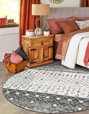 Ivory and Gray 6' 1 x 6' 1 Tribal Trellis Round Area Rug Geometric Southwestern Inspired Durable Carpet for Home Interior Design for Sale at Rug Engine