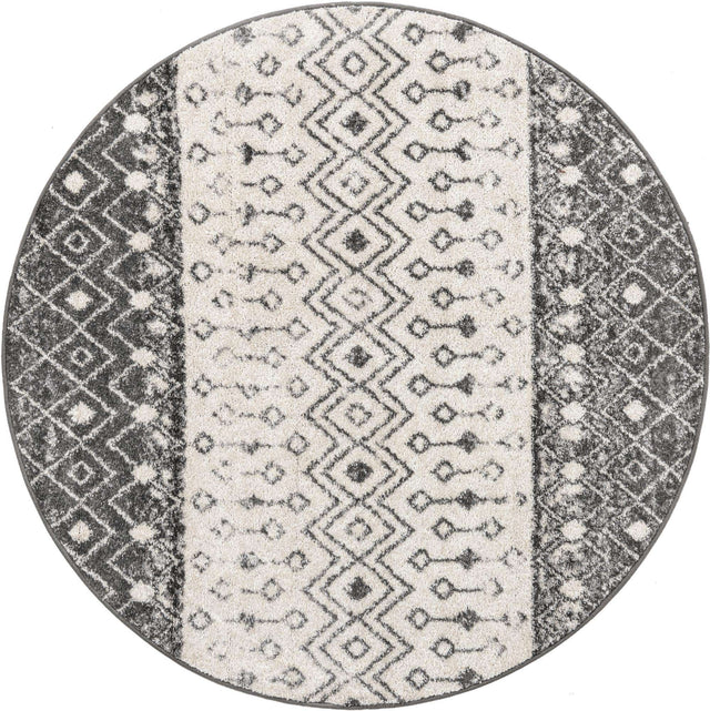 Ivory and Gray 5' 3 x 5' 3 Tribal Trellis Round Area Rug Geometric Southwestern Inspired Durable Carpet for Home Interior Design for Sale at Rug Engine
