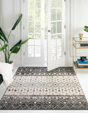 Ivory and Gray 6' 1 x 6' 1 Tribal Trellis Square Area Rug Geometric Southwestern Inspired Durable Carpet for Home Interior Design for Sale at Rug Engine
