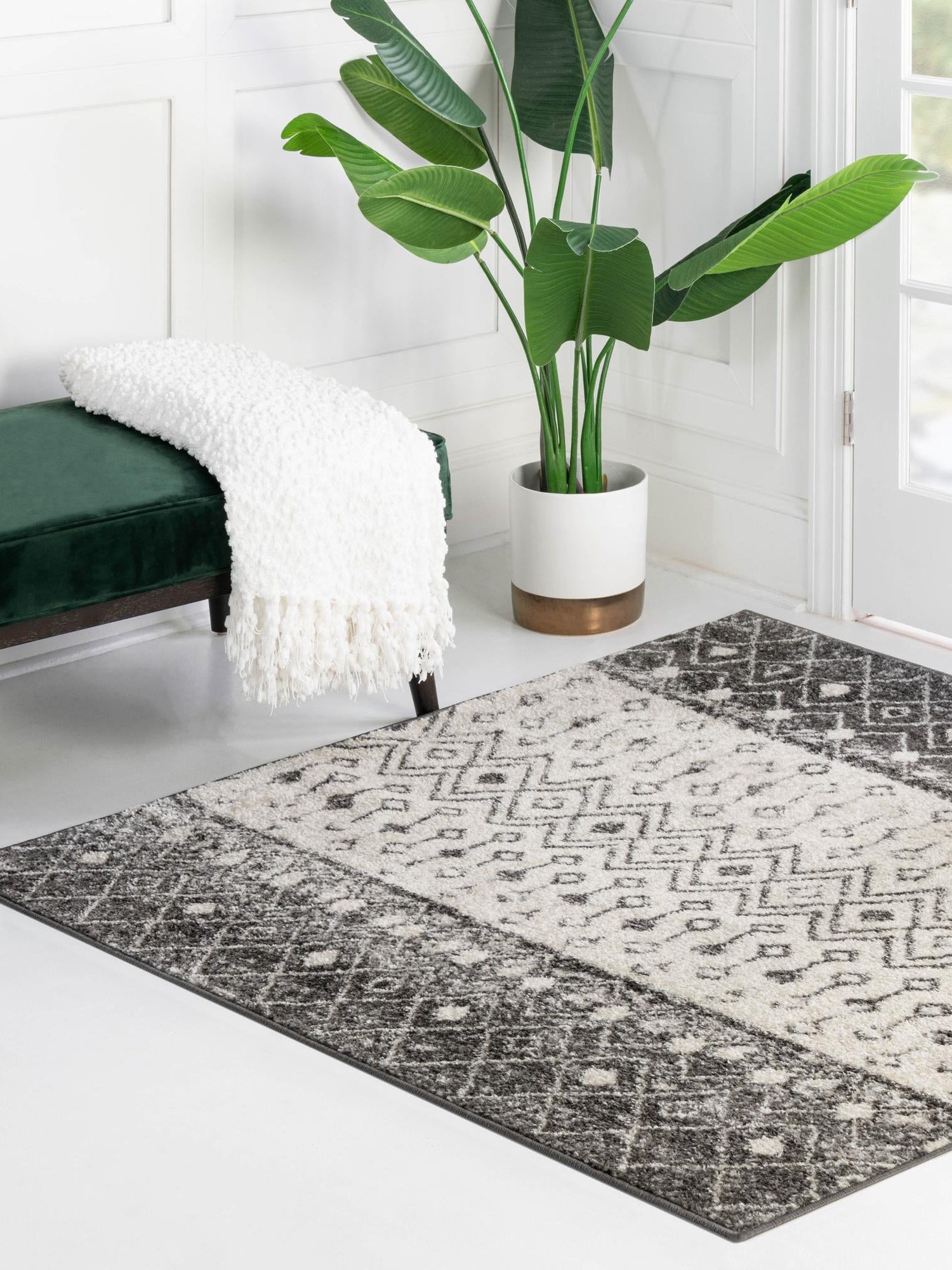 Ivory and Gray 5' 3 x 5' 3 Tribal Trellis Square Area Rug Geometric Southwestern Inspired Durable Carpet for Home Interior Design for Sale at Rug Engine