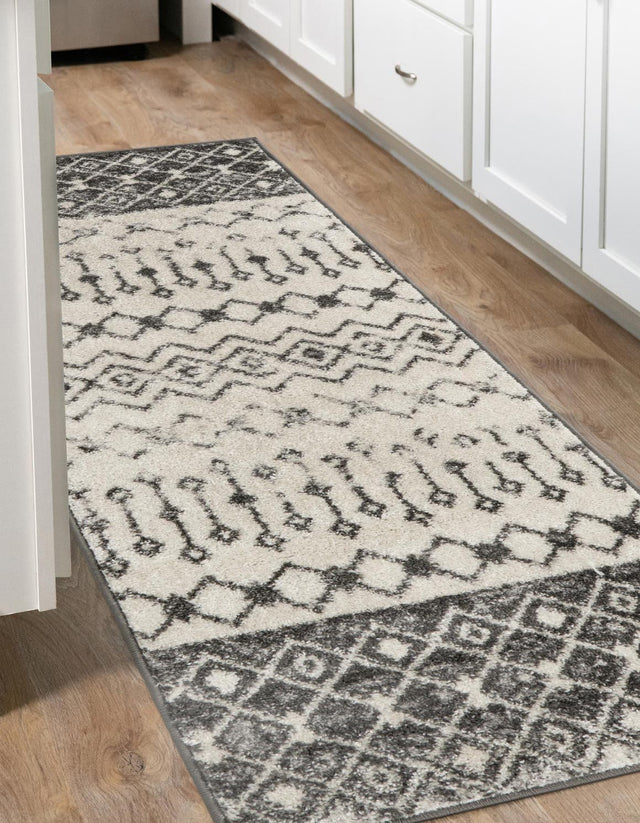 Ivory and Gray 2' x 6' 1 Tribal Trellis Runner Area Rug Geometric Southwestern Inspired Durable Carpet for Home Interior Design for Sale at Rug Engine