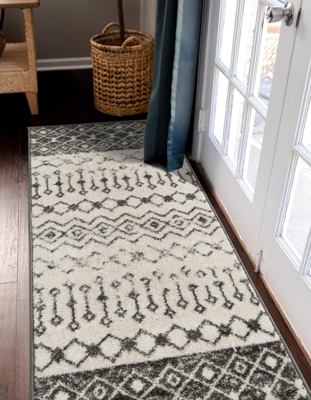 Ivory and Gray 2' 7 x 10' Tribal Trellis Runner Area Rug Geometric Southwestern Inspired Durable Carpet for Home Interior Design for Sale at Rug Engine