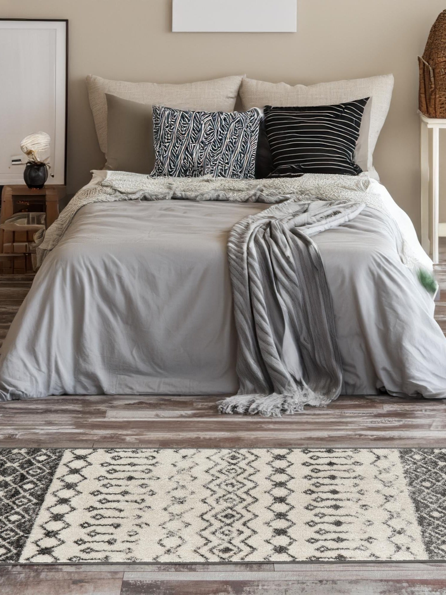 Ivory and Gray 2' 7 x 10' Tribal Trellis Runner Area Rug Geometric Southwestern Inspired Durable Carpet for Home Interior Design for Sale at Rug Engine
