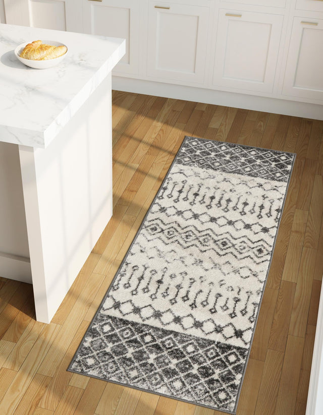 Ivory and Gray 2' 7 x 10' Tribal Trellis Runner Area Rug Geometric Southwestern Inspired Durable Carpet for Home Interior Design for Sale at Rug Engine