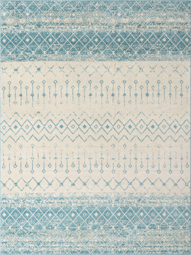 Ivory Blue 10' 8 x 14' Tribal Trellis Rectangle Area Rug Geometric Southwestern Inspired Durable Carpet for Home Interior Design for Sale at Rug Engine