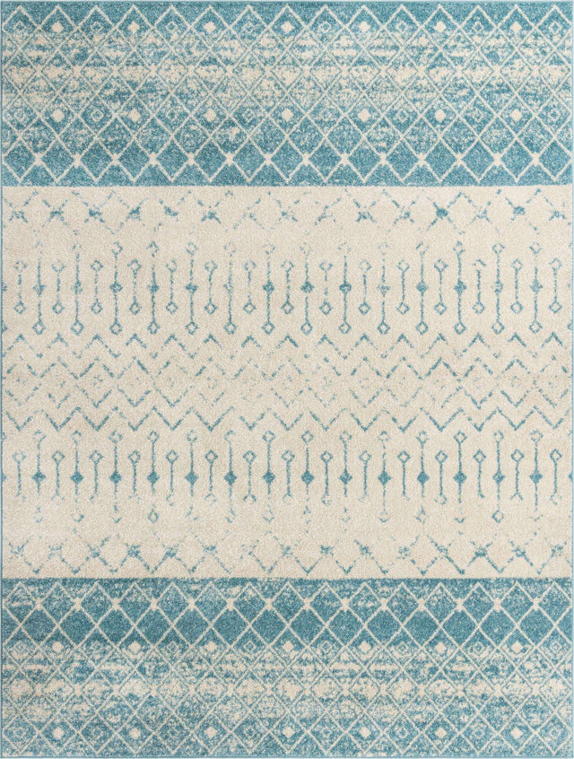 Ivory Blue 9' x 12' Tribal Trellis Rectangle Area Rug Geometric Southwestern Inspired Durable Carpet for Home Interior Design for Sale at Rug Engine
