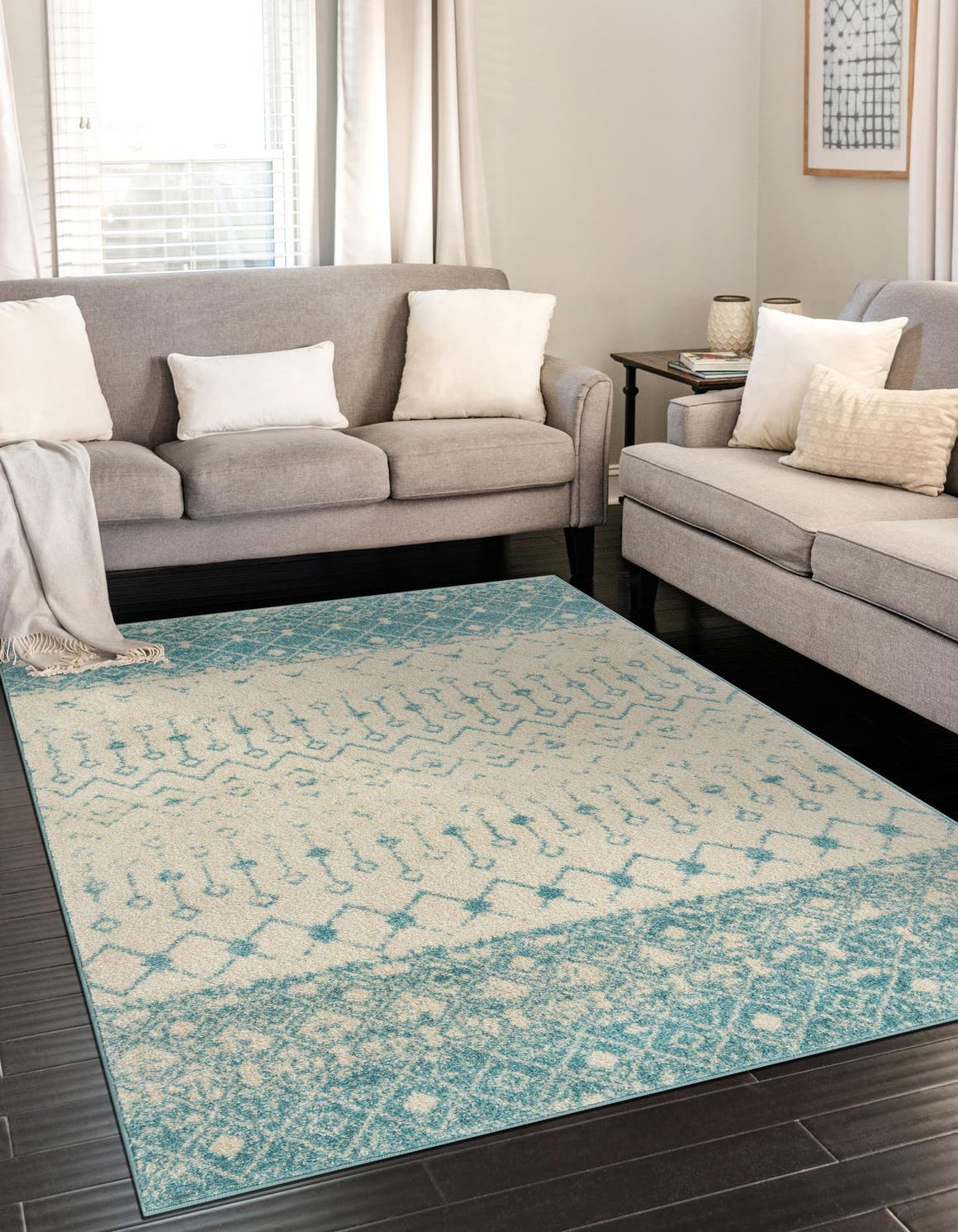 Ivory Blue 10' 8 x 14' Tribal Trellis Rectangle Area Rug Geometric Southwestern Inspired Durable Carpet for Home Interior Design for Sale at Rug Engine