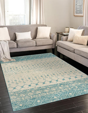 Ivory Blue 7' 10 x 10' Tribal Trellis Rectangle Area Rug Geometric Southwestern Inspired Durable Carpet for Home Interior Design for Sale at Rug Engine