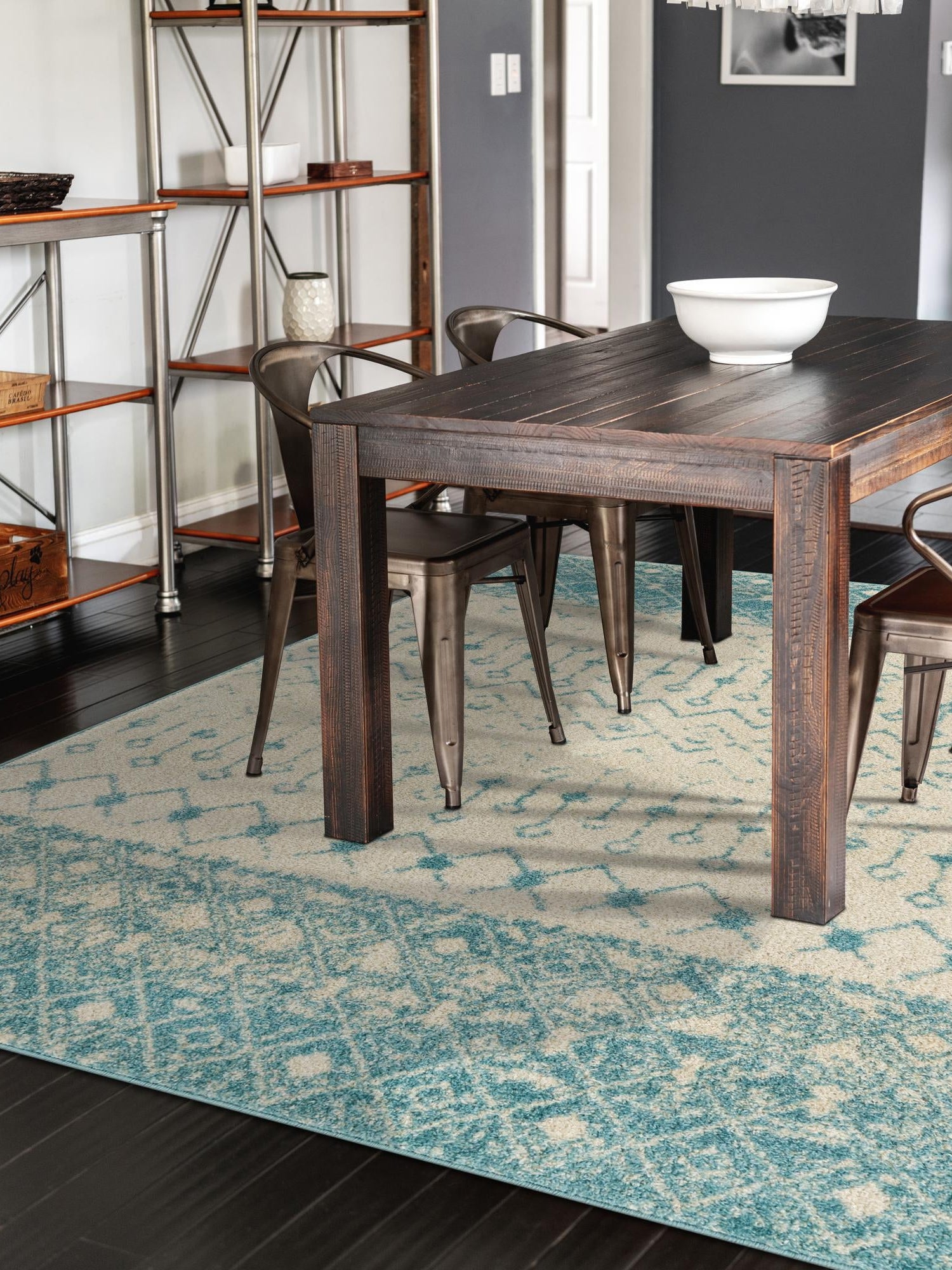 Ivory Blue 6' 1 x 9' Tribal Trellis Rectangle Area Rug Geometric Southwestern Inspired Durable Carpet for Home Interior Design for Sale at Rug Engine