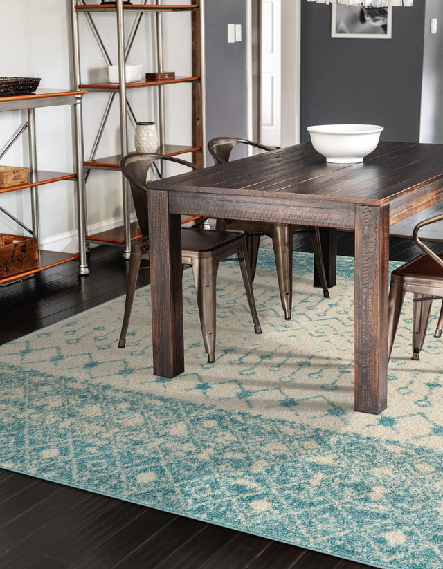 Ivory Blue 6' 1 x 9' Tribal Trellis Rectangle Area Rug Geometric Southwestern Inspired Durable Carpet for Home Interior Design for Sale at Rug Engine