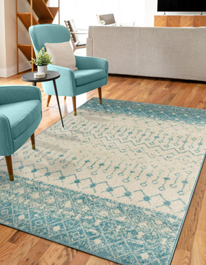 Ivory Blue 6' 1 x 9' Tribal Trellis Rectangle Area Rug Geometric Southwestern Inspired Durable Carpet for Home Interior Design for Sale at Rug Engine