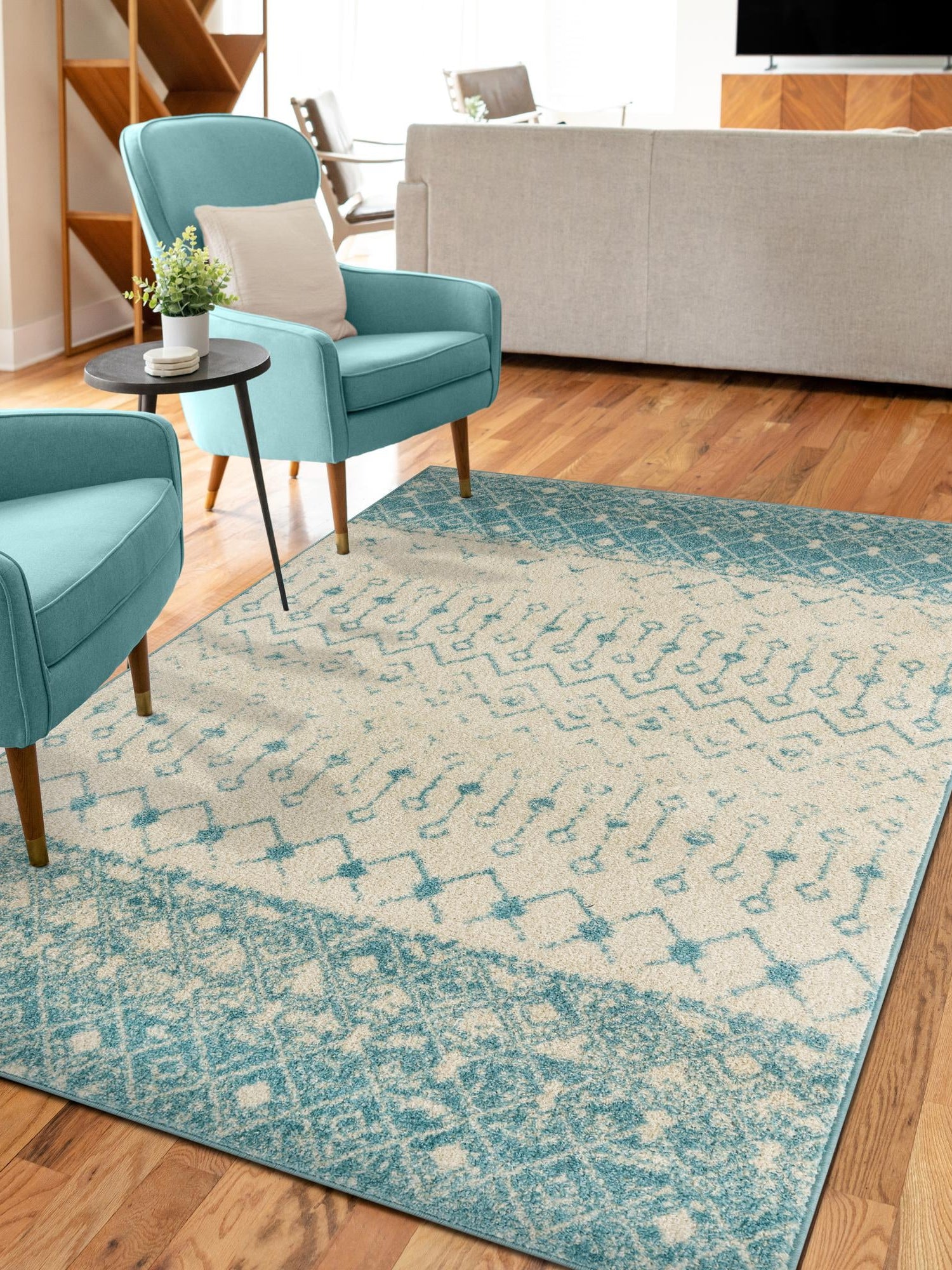 Ivory Blue 7' 10 x 10' Tribal Trellis Rectangle Area Rug Geometric Southwestern Inspired Durable Carpet for Home Interior Design for Sale at Rug Engine