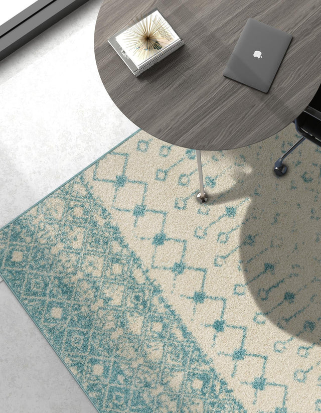 Ivory Blue 6' 1 x 9' Tribal Trellis Rectangle Area Rug Geometric Southwestern Inspired Durable Carpet for Home Interior Design for Sale at Rug Engine