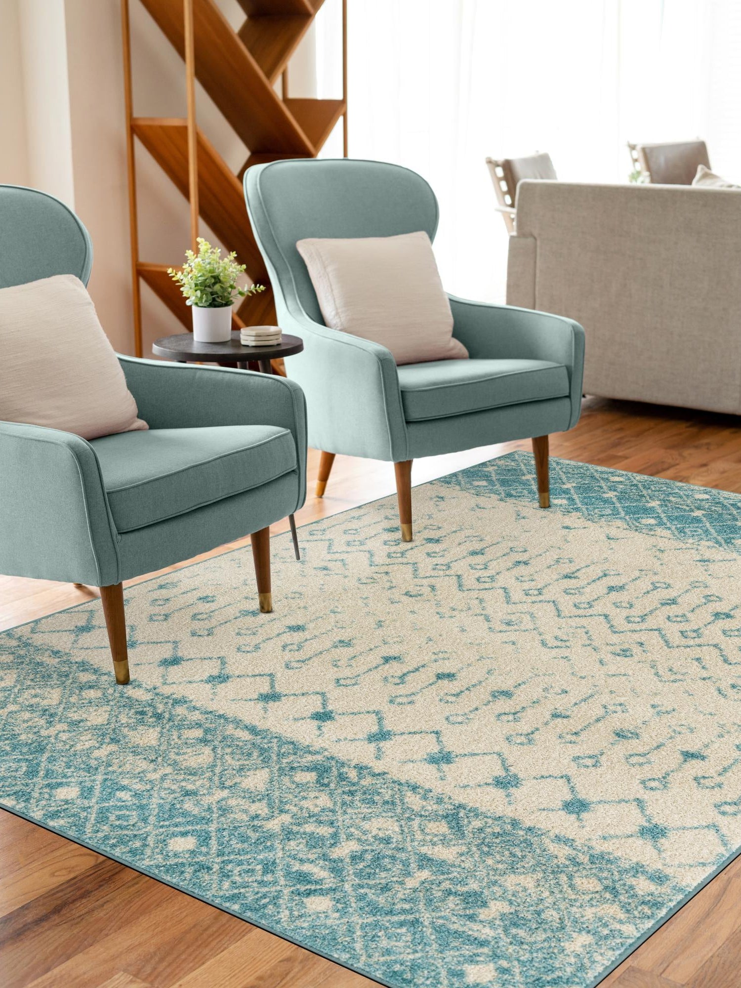 Ivory Blue 4' 1 x 6' 1 Tribal Trellis Rectangle Area Rug Geometric Southwestern Inspired Durable Carpet for Home Interior Design for Sale at Rug Engine