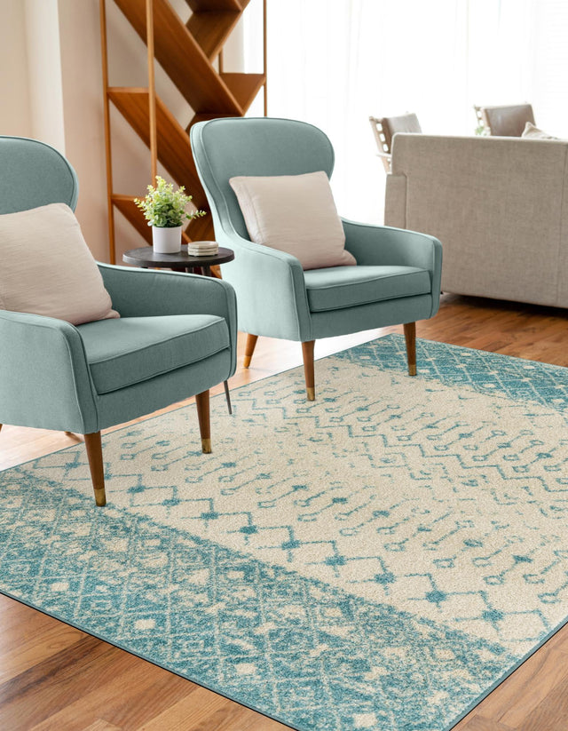 Ivory Blue 6' 1 x 9' Tribal Trellis Rectangle Area Rug Geometric Southwestern Inspired Durable Carpet for Home Interior Design for Sale at Rug Engine