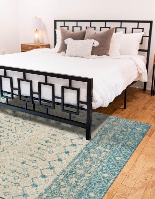 Ivory Blue 9' x 12' Tribal Trellis Rectangle Area Rug Geometric Southwestern Inspired Durable Carpet for Home Interior Design for Sale at Rug Engine