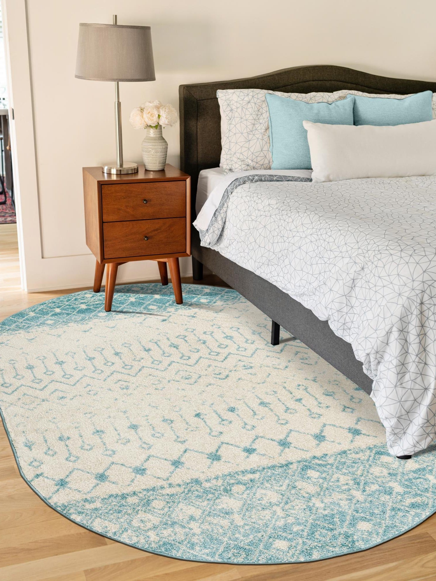 Ivory Blue 7' 10 x 10' Tribal Trellis Oval Area Rug Geometric Southwestern Inspired Durable Carpet for Home Interior Design for Sale at Rug Engine