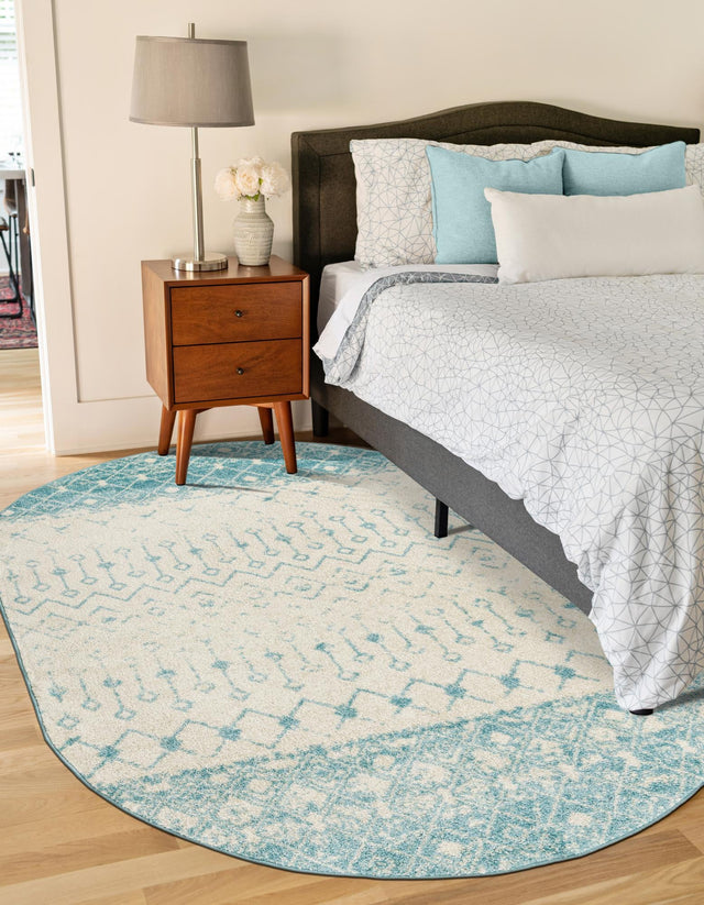 Ivory Blue 7' 10 x 10' Tribal Trellis Oval Area Rug Geometric Southwestern Inspired Durable Carpet for Home Interior Design for Sale at Rug Engine