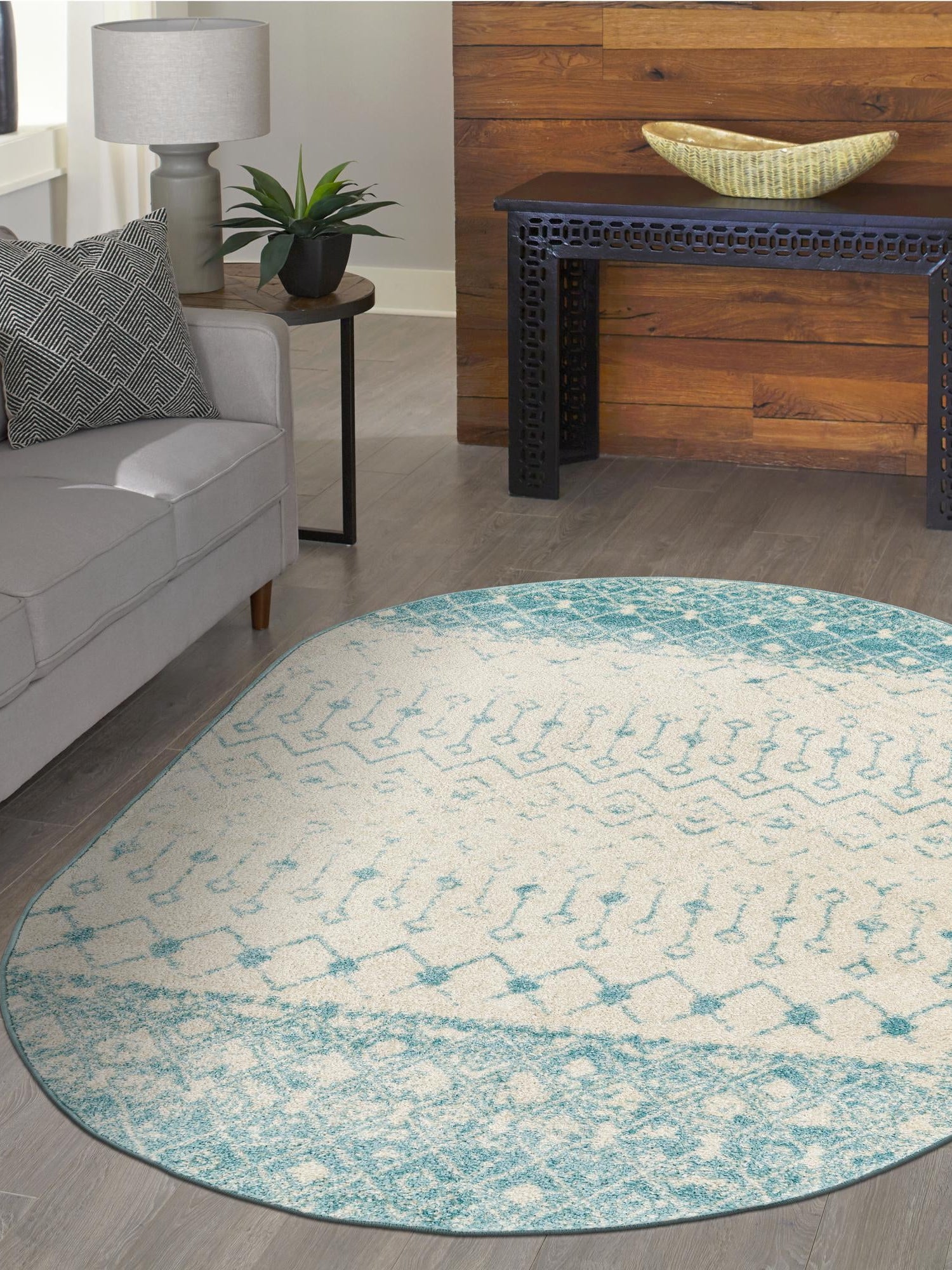 Ivory Blue 5' 3 x 8' Tribal Trellis Oval Area Rug Geometric Southwestern Inspired Durable Carpet for Home Interior Design for Sale at Rug Engine