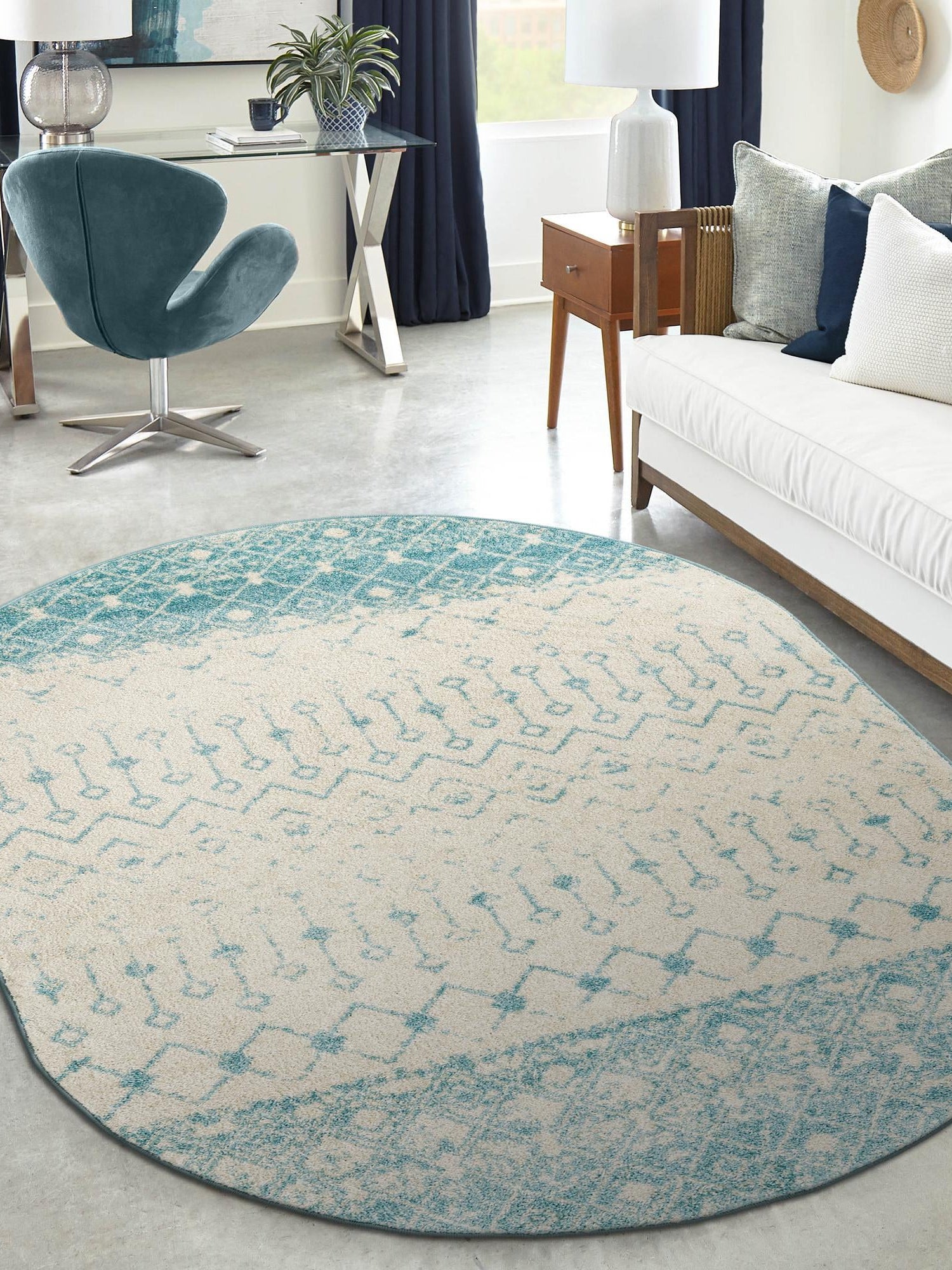 Ivory Blue 5' 3 x 8' Tribal Trellis Oval Area Rug Geometric Southwestern Inspired Durable Carpet for Home Interior Design for Sale at Rug Engine