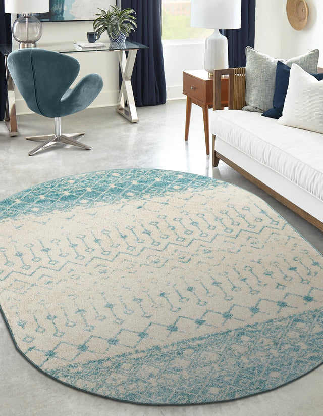 Ivory Blue 7' 10 x 10' Tribal Trellis Oval Area Rug Geometric Southwestern Inspired Durable Carpet for Home Interior Design for Sale at Rug Engine