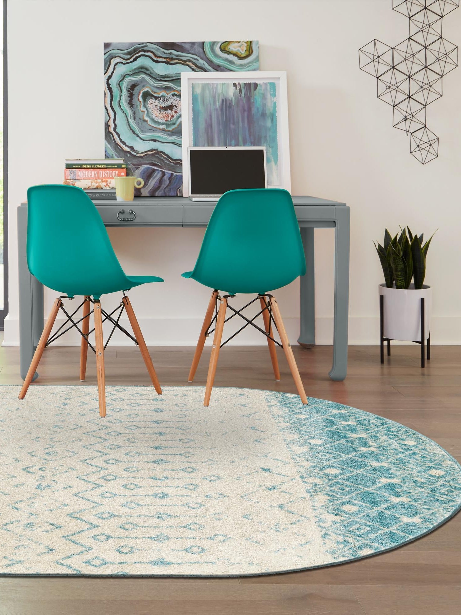 Ivory Blue 7' 10 x 10' Tribal Trellis Oval Area Rug Geometric Southwestern Inspired Durable Carpet for Home Interior Design for Sale at Rug Engine