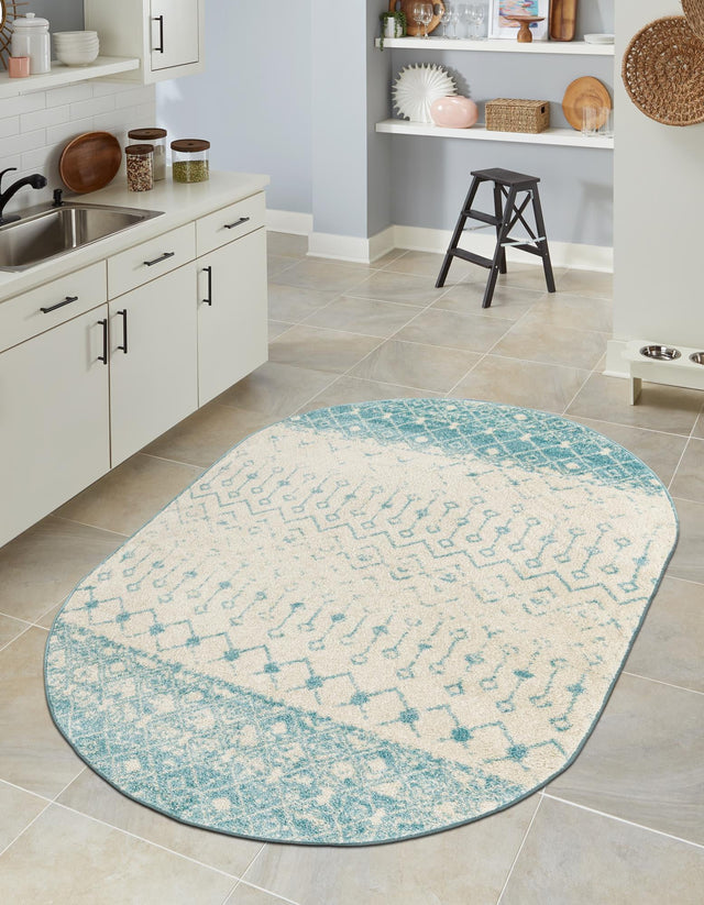 Ivory Blue 7' 10 x 10' Tribal Trellis Oval Area Rug Geometric Southwestern Inspired Durable Carpet for Home Interior Design for Sale at Rug Engine