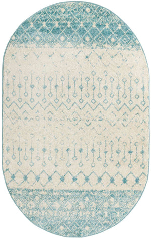 Ivory Blue 5' 3 x 8' Tribal Trellis Oval Area Rug Geometric Southwestern Inspired Durable Carpet for Home Interior Design for Sale at Rug Engine