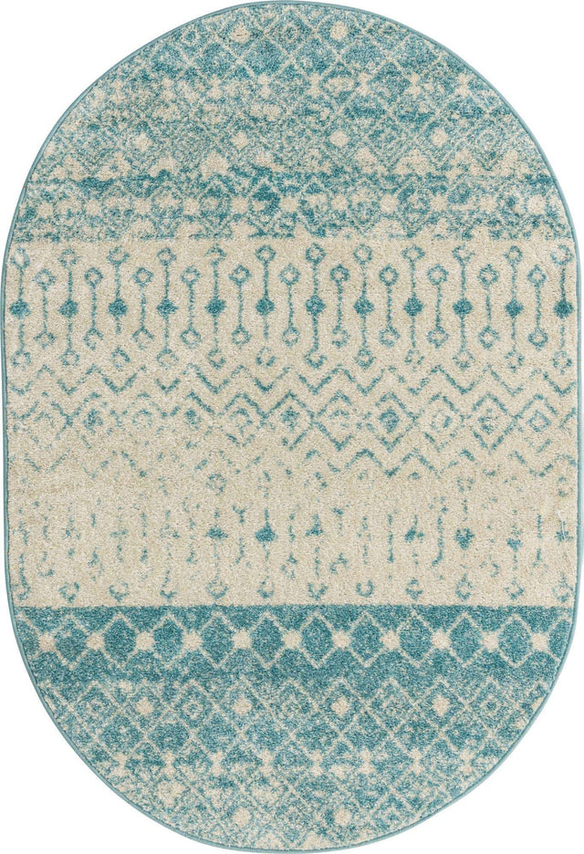 Ivory Blue 4' 1 x 6' 1 Tribal Trellis Oval Area Rug Geometric Southwestern Inspired Durable Carpet for Home Interior Design for Sale at Rug Engine
