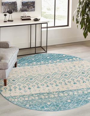 Ivory Blue 3' 1 x 3' 1 Tribal Trellis Round Area Rug Geometric Southwestern Inspired Durable Carpet for Home Interior Design for Sale at Rug Engine
