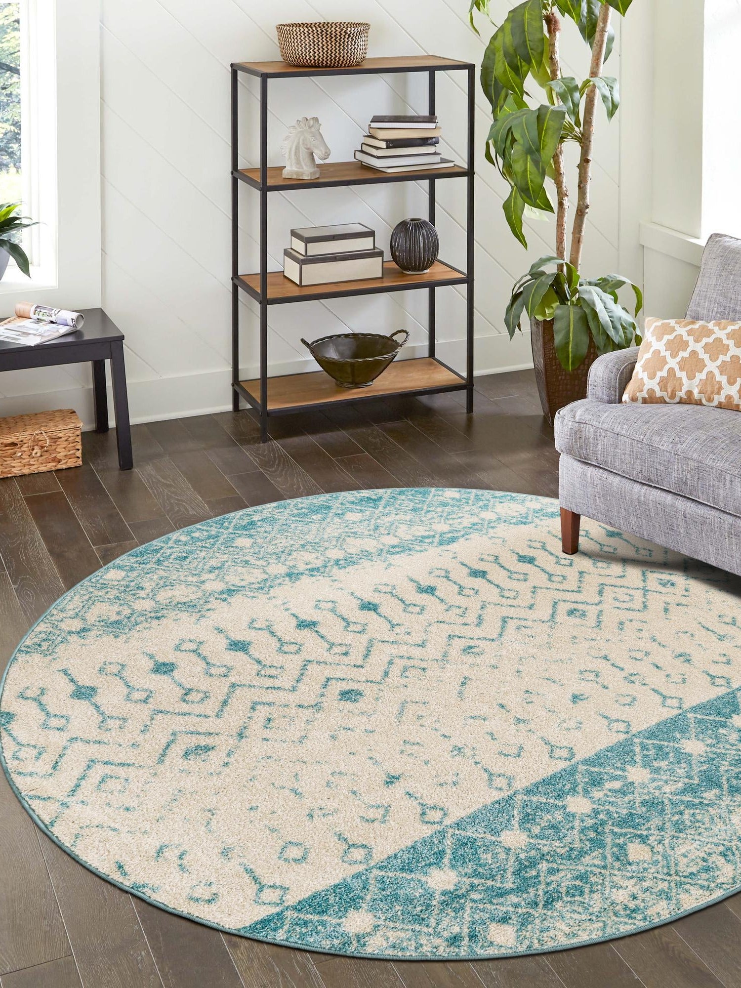 Ivory Blue 3' 1 x 3' 1 Tribal Trellis Round Area Rug Geometric Southwestern Inspired Durable Carpet for Home Interior Design for Sale at Rug Engine