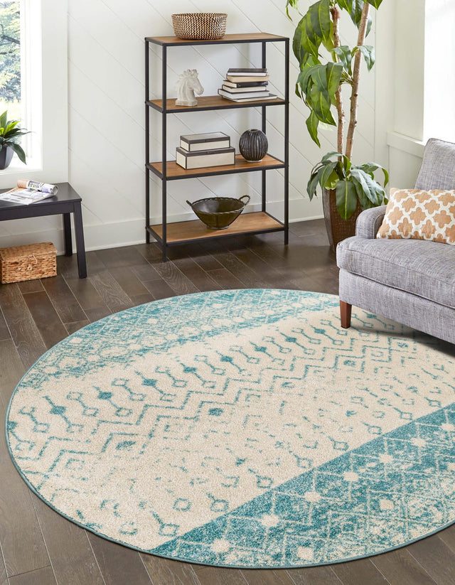 Ivory Blue 7' 10 x 7' 10 Tribal Trellis Round Area Rug Geometric Southwestern Inspired Durable Carpet for Home Interior Design for Sale at Rug Engine