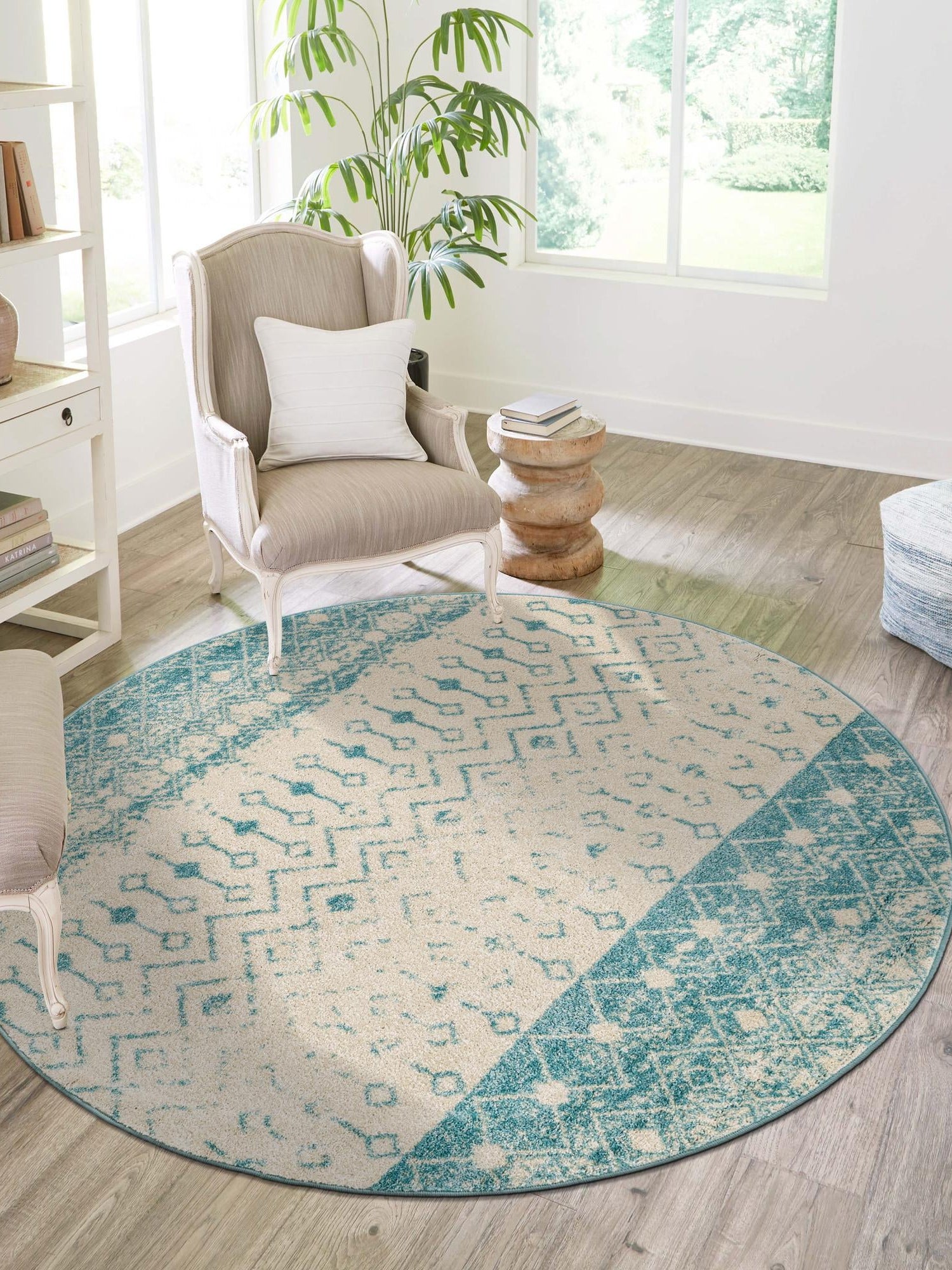 Ivory Blue 3' 1 x 3' 1 Tribal Trellis Round Area Rug Geometric Southwestern Inspired Durable Carpet for Home Interior Design for Sale at Rug Engine
