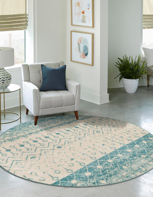 Ivory Blue 10' x 10' Tribal Trellis Round Area Rug Geometric Southwestern Inspired Durable Carpet for Home Interior Design for Sale at Rug Engine