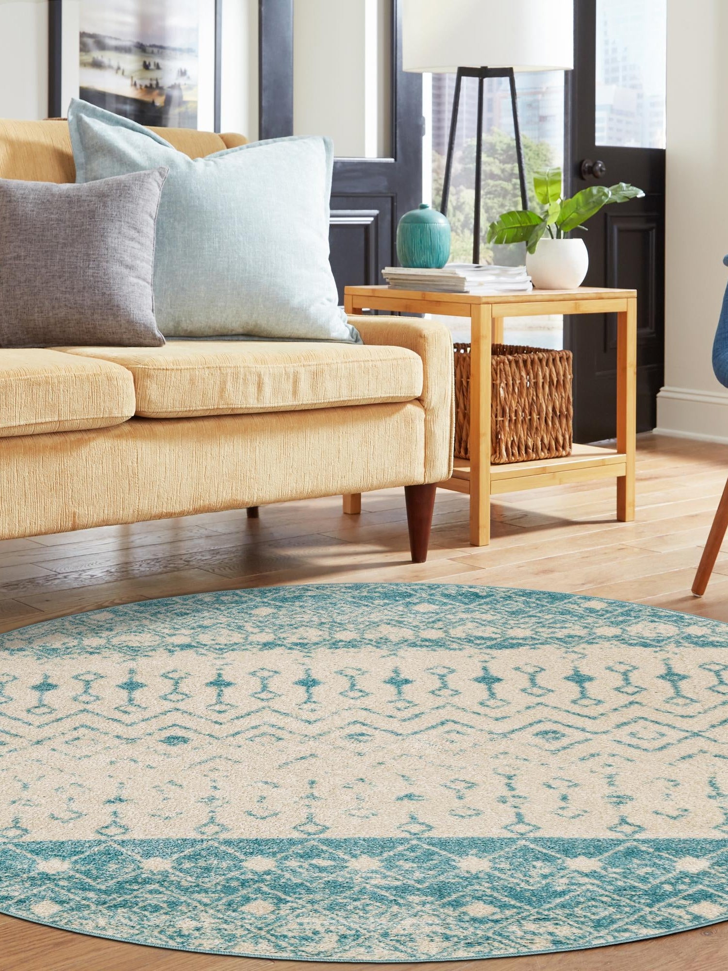 Ivory Blue 5' 3 x 5' 3 Tribal Trellis Round Area Rug Geometric Southwestern Inspired Durable Carpet for Home Interior Design for Sale at Rug Engine