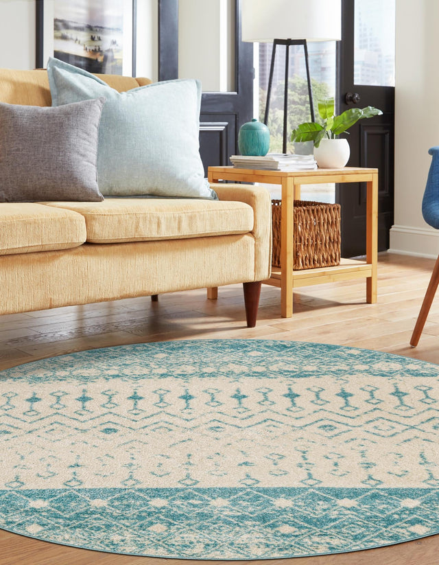 Ivory Blue 5' 3 x 5' 3 Tribal Trellis Round Area Rug Geometric Southwestern Inspired Durable Carpet for Home Interior Design for Sale at Rug Engine